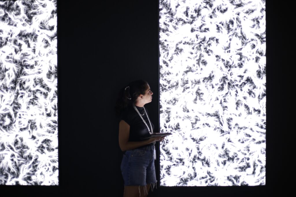 Una visitante observa dos grandes paneles luminosos en blanco y negro