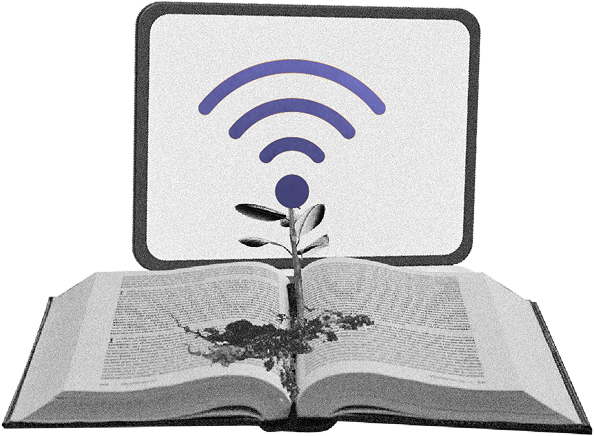 Ilustración de un libro abierto del que brota una planta con el símbolo de wifi